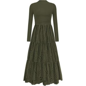 imagePRETTYGARDEN Long Sleeve Dress for Women 2025 Fall Eyelet Mock Neck A Line Elegant Classy Maxi Wedding Guest Dresses PocketsArmy Green
