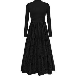 imagePRETTYGARDEN Long Sleeve Dress for Women 2025 Fall Eyelet Mock Neck A Line Elegant Classy Maxi Wedding Guest Dresses PocketsBlack