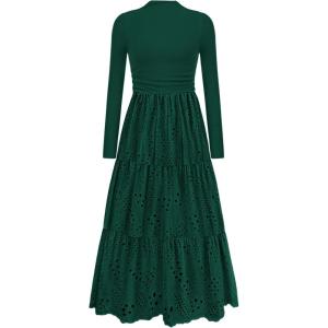 imagePRETTYGARDEN Long Sleeve Dress for Women 2025 Fall Eyelet Mock Neck A Line Elegant Classy Maxi Wedding Guest Dresses PocketsDark Green
