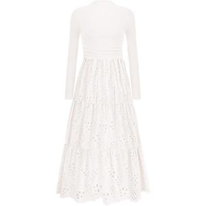 imagePRETTYGARDEN Long Sleeve Dress for Women 2025 Fall Eyelet Mock Neck A Line Elegant Classy Maxi Wedding Guest Dresses PocketsWhite