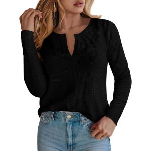 imagePRETTYGARDEN Long Sleeve Shirts for Women 2025 Fall V Neck Waffle Basic Tee Dressy Casual Winter Blouses Knit Tunic TopsBlack