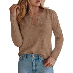 imagePRETTYGARDEN Long Sleeve Shirts for Women 2025 Fall V Neck Waffle Basic Tee Dressy Casual Winter Blouses Knit Tunic TopsKhaki