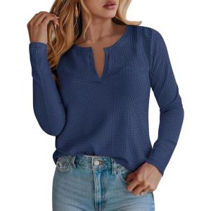imagePRETTYGARDEN Long Sleeve Shirts for Women 2025 Fall V Neck Waffle Basic Tee Dressy Casual Winter Blouses Knit Tunic TopsNavy