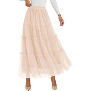 imagePRETTYGARDEN Tulle Skirts for Women 2025 Fall Fashion Tiered Flowy Elastic High Waisted ALine Casual Maxi Long SkirtBeige