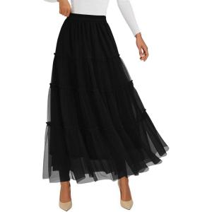 imagePRETTYGARDEN Tulle Skirts for Women 2025 Fall Fashion Tiered Flowy Elastic High Waisted ALine Casual Maxi Long SkirtBlack