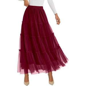 imagePRETTYGARDEN Tulle Skirts for Women 2025 Fall Fashion Tiered Flowy Elastic High Waisted ALine Casual Maxi Long SkirtBurgundy