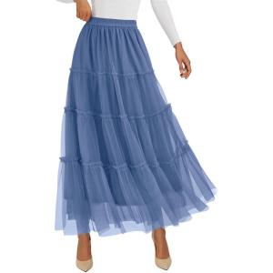 imagePRETTYGARDEN Tulle Skirts for Women 2025 Fall Fashion Tiered Flowy Elastic High Waisted ALine Casual Maxi Long SkirtGrey Blue