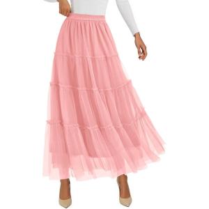 imagePRETTYGARDEN Tulle Skirts for Women 2025 Fall Fashion Tiered Flowy Elastic High Waisted ALine Casual Maxi Long SkirtLight Pink