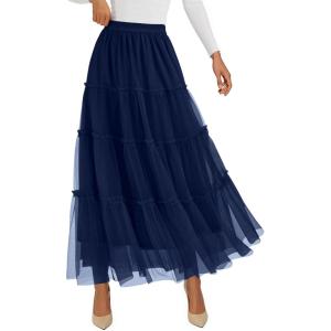 imagePRETTYGARDEN Tulle Skirts for Women 2025 Fall Fashion Tiered Flowy Elastic High Waisted ALine Casual Maxi Long SkirtNavy Blue