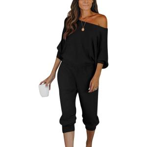 imagePRETTYGARDEN Two Piece Sets for Women Fall 2025 Ribbed Knit Off Shoulder Tops Lounge Pants Tracksuit Fashion ClothingBlack