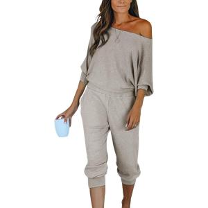 imagePRETTYGARDEN Two Piece Sets for Women Fall 2025 Ribbed Knit Off Shoulder Tops Lounge Pants Tracksuit Fashion ClothingGrey