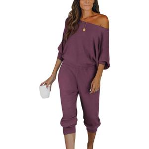 imagePRETTYGARDEN Two Piece Sets for Women Fall 2025 Ribbed Knit Off Shoulder Tops Lounge Pants Tracksuit Fashion ClothingPurple Red