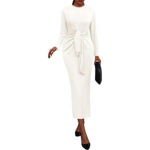 imagePRETTYGARDEN Women 2025 Semi Formal Midi Dresses Long Sleeve Bodycon Tie Waist Slit Wedding Guest Cocktail Fall Fashion DressWhite