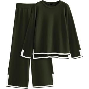 imagePRETTYGARDEN Womens 2 Piece Fall Knit Sweater Set Long Sleeve Tops Wide Leg Pants Sweatsuit Tracksuit Outfit Winter ClothingArmy Green
