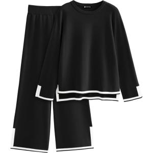 imagePRETTYGARDEN Womens 2 Piece Fall Knit Sweater Set Long Sleeve Tops Wide Leg Pants Sweatsuit Tracksuit Outfit Winter ClothingBlack