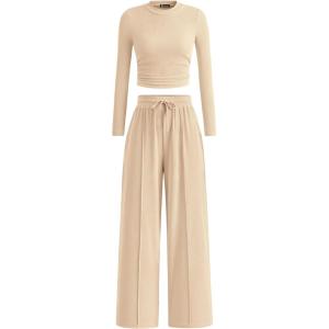 imagePRETTYGARDEN Womens 2 Piece Sets 2025 Fall Long Sleeve Crop Tops Wide Leg Pants Matching Outfit Tracksuits Fashion ClothingBeige