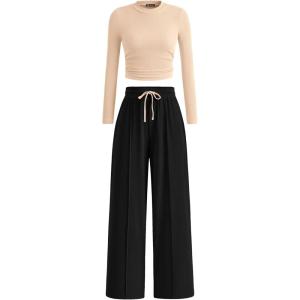 imagePRETTYGARDEN Womens 2 Piece Sets 2025 Fall Long Sleeve Crop Tops Wide Leg Pants Matching Outfit Tracksuits Fashion ClothingBeige Black