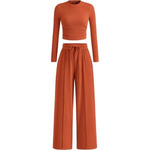 imagePRETTYGARDEN Womens 2 Piece Sets 2025 Fall Long Sleeve Crop Tops Wide Leg Pants Matching Outfit Tracksuits Fashion ClothingBrick Red