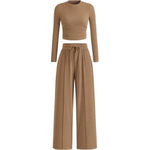 imagePRETTYGARDEN Womens 2 Piece Sets 2025 Fall Long Sleeve Crop Tops Wide Leg Pants Matching Outfit Tracksuits Fashion ClothingCamel