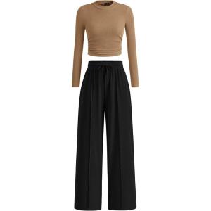 imagePRETTYGARDEN Womens 2 Piece Sets 2025 Fall Long Sleeve Crop Tops Wide Leg Pants Matching Outfit Tracksuits Fashion ClothingCamel Black