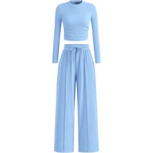 imagePRETTYGARDEN Womens 2 Piece Sets 2025 Fall Long Sleeve Crop Tops Wide Leg Pants Matching Outfit Tracksuits Fashion ClothingLight Blue