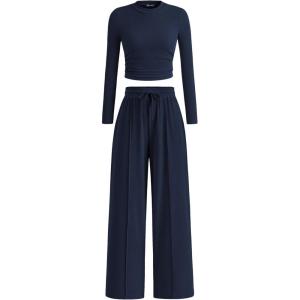 imagePRETTYGARDEN Womens 2 Piece Sets 2025 Fall Long Sleeve Crop Tops Wide Leg Pants Matching Outfit Tracksuits Fashion ClothingNavy