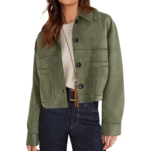 imagePRETTYGARDEN Womens Faux Suede Cropped Jacket Casual Fall Fashion 2025 Button Down Winter Coats Outerwear Trendy ClothesArmy Green