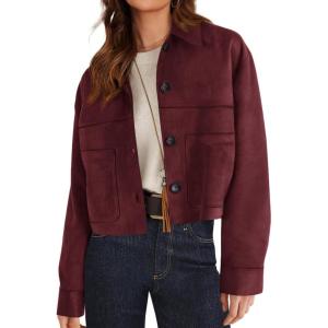 imagePRETTYGARDEN Womens Faux Suede Cropped Jacket Casual Fall Fashion 2025 Button Down Winter Coats Outerwear Trendy ClothesBurgundy