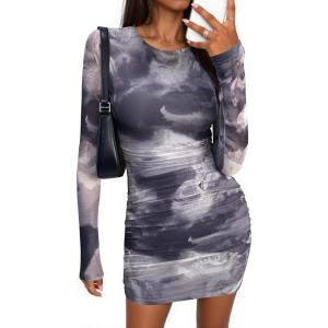 imagePRETTYGARDEN Womens Mini Dress Fall Outfits 2025 Trendy Tie Dye Print Long Sleeve Homecoming Club Party Bodycon DressesGray Floral