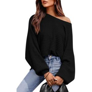 imagePRETTYGARDEN Womens Off The Shoulder Sweater Fall Fashion 2025 Pullover Long Sleeve Boat Neck Oversized Ribbed Knit TopsBlack