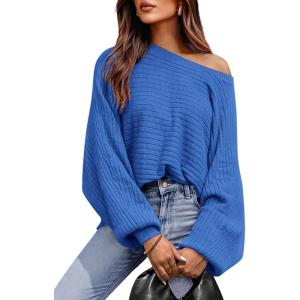 imagePRETTYGARDEN Womens Off The Shoulder Sweater Fall Fashion 2025 Pullover Long Sleeve Boat Neck Oversized Ribbed Knit TopsBlue