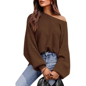 imagePRETTYGARDEN Womens Off The Shoulder Sweater Fall Fashion 2025 Pullover Long Sleeve Boat Neck Oversized Ribbed Knit TopsBrown