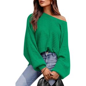 imagePRETTYGARDEN Womens Off The Shoulder Sweater Fall Fashion 2025 Pullover Long Sleeve Boat Neck Oversized Ribbed Knit TopsGreen