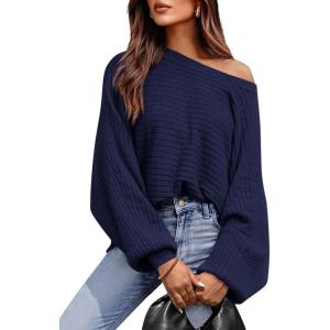 imagePRETTYGARDEN Womens Off The Shoulder Sweater Fall Fashion 2025 Pullover Long Sleeve Boat Neck Oversized Ribbed Knit TopsNavy Blue