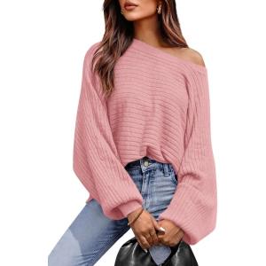 imagePRETTYGARDEN Womens Off The Shoulder Sweater Fall Fashion 2025 Pullover Long Sleeve Boat Neck Oversized Ribbed Knit TopsPink