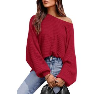 imagePRETTYGARDEN Womens Off The Shoulder Sweater Fall Fashion 2025 Pullover Long Sleeve Boat Neck Oversized Ribbed Knit TopsRed