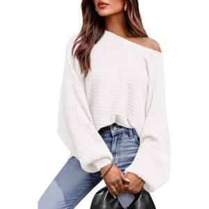 imagePRETTYGARDEN Womens Off The Shoulder Sweater Fall Fashion 2025 Pullover Long Sleeve Boat Neck Oversized Ribbed Knit TopsWhite