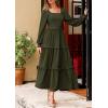 imagePRETTYGARDEN Fall Dresses for Women 2025 Long Sleeve Smocked Square Neck Swiss Dot Tiered Flowy Wedding Guest Maxi DressArmy Green