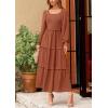 imagePRETTYGARDEN Fall Dresses for Women 2025 Long Sleeve Smocked Square Neck Swiss Dot Tiered Flowy Wedding Guest Maxi DressBrown