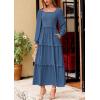 imagePRETTYGARDEN Fall Dresses for Women 2025 Long Sleeve Smocked Square Neck Swiss Dot Tiered Flowy Wedding Guest Maxi DressDark Blue