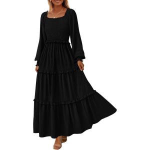 imagePRETTYGARDEN Fall Dresses for Women 2025 Long Sleeve Smocked Square Neck Swiss Dot Tiered Flowy Wedding Guest Maxi DressBlack