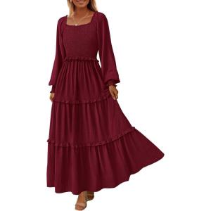 imagePRETTYGARDEN Fall Dresses for Women 2025 Long Sleeve Smocked Square Neck Swiss Dot Tiered Flowy Wedding Guest Maxi DressWine Red