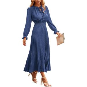 imagePRETTYGARDEN Womens 2025 Spring Fall Midi Dress Casual Long Sleeve V Neck Swiss Dot Pleated A Line Flowy DressesGrey Blue