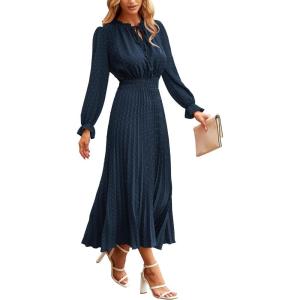 imagePRETTYGARDEN Womens 2025 Spring Fall Midi Dress Casual Long Sleeve V Neck Swiss Dot Pleated A Line Flowy DressesNavy