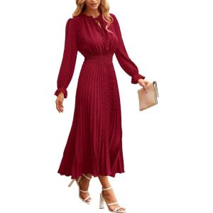 imagePRETTYGARDEN Womens 2025 Spring Fall Midi Dress Casual Long Sleeve V Neck Swiss Dot Pleated A Line Flowy DressesWine Red