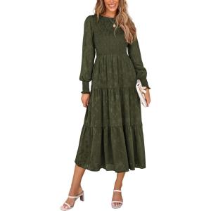 imagePRETTYGARDEN Womens Fall Spring Midi Dress Long Sleeve Floral Smocked Elegant Wedding Guest Long Flowy Dresses with PocketsArmy Green
