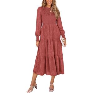 imagePRETTYGARDEN Womens Fall Spring Midi Dress Long Sleeve Floral Smocked Elegant Wedding Guest Long Flowy Dresses with PocketsBean Paste Red