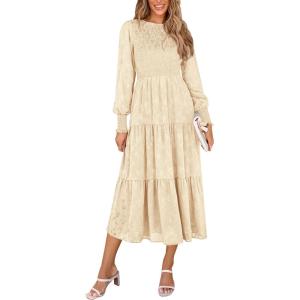 imagePRETTYGARDEN Womens Fall Spring Midi Dress Long Sleeve Floral Smocked Elegant Wedding Guest Long Flowy Dresses with PocketsBeige