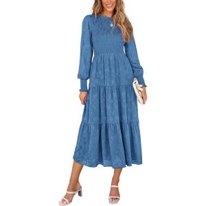 imagePRETTYGARDEN Womens Fall Spring Midi Dress Long Sleeve Floral Smocked Elegant Wedding Guest Long Flowy Dresses with PocketsBlue
