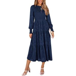 imagePRETTYGARDEN Womens Fall Spring Midi Dress Long Sleeve Floral Smocked Elegant Wedding Guest Long Flowy Dresses with PocketsDark Blue